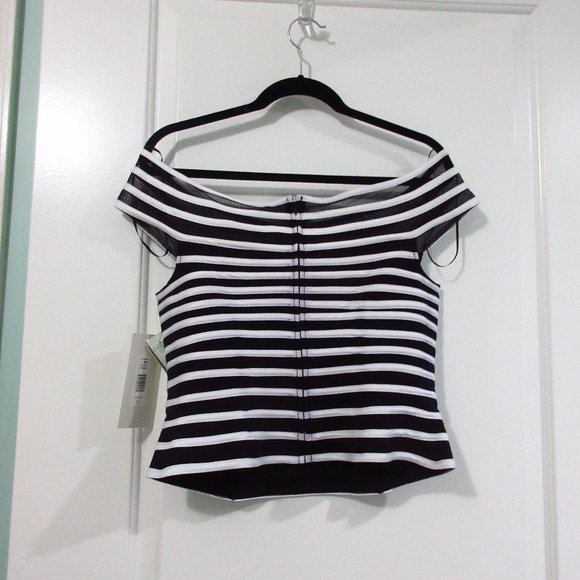 JS Signature striped mesh peplum top Blk/Wht 12 - Picture 5 of 6